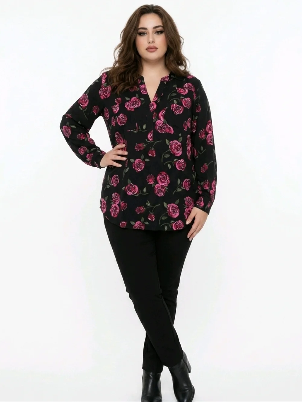 *SOLD* Torrid Black Floral Top with Pink Rose Print - Picture 3 of 3